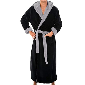 Riolio Long Sleeve Pocket Belt Solid Color Men Bathrobe Winter Warm Hooded Long Fleece Home Gown Sleepwear